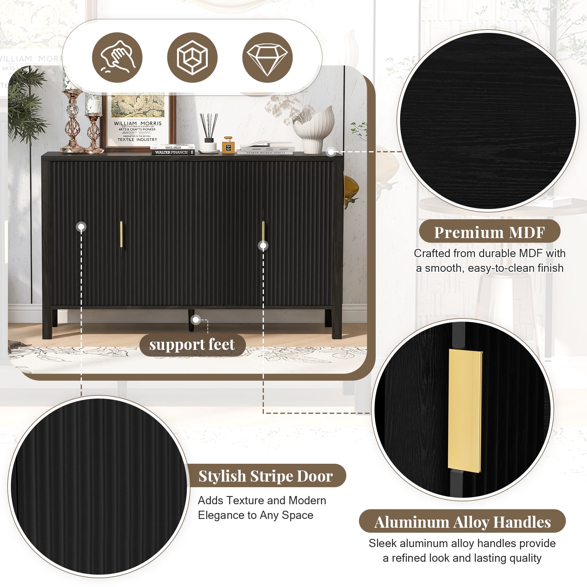 Storage Cabinet with 4 Doors, Modern Sideboard with Back-of-Door Racks & Side Hooks, Adjustable Shelves, 57.5" x 15.7" x 35.2", Black