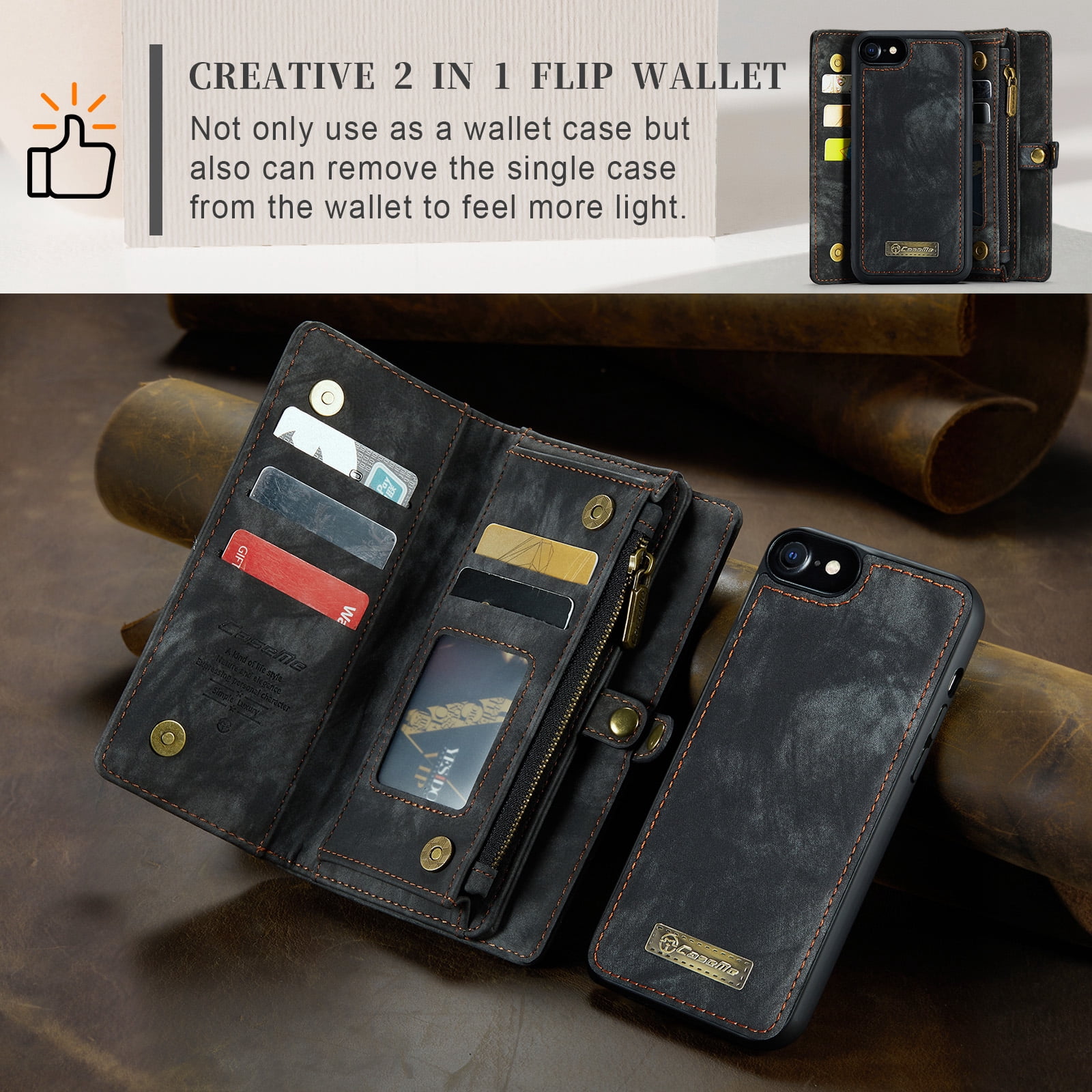 Feishell Durable 2-In-1 Magnetic Detachable Wallet Case for iPhone 7/8/SE 2020/SE 2022,for Women Men,Premium PU Leather Zipper Pocket Flip Multi Card Slots Purse Phone Case with Wrist Strap,Black