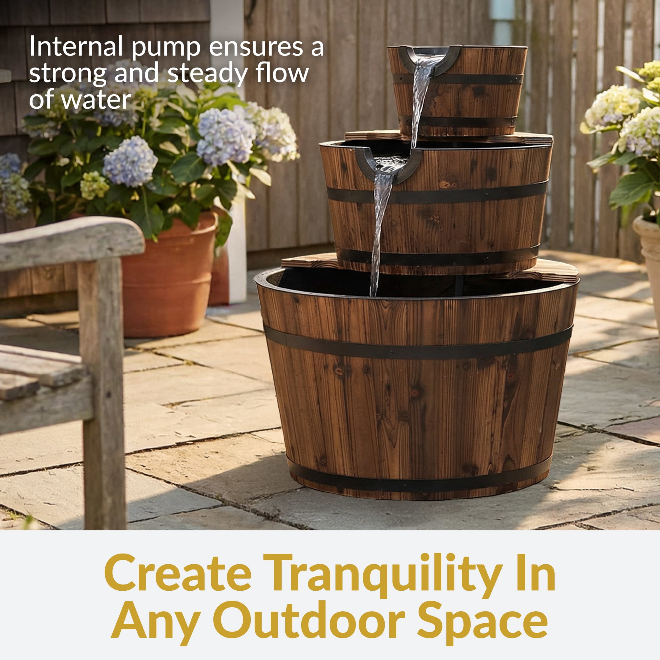 Sunnydaze Wood Barrel Brown 3-Tier Outdoor Water Fountain
