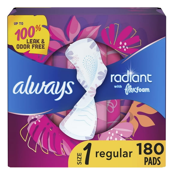 Always Radiant Feminine Pads For Women, Size 1 Regular Absorbency, Multipack, With Flexfoam, With Wings, Light Clean Scent, 30 Count x 6 Packs (180 Count total)