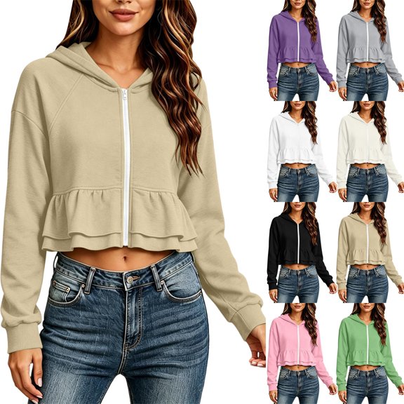 Womens Zip up Hoodies Loose Casual Pleated Long Sleeved Sportswear Solid Color Spring Y2K Sweatshirts Fall Winter Tops