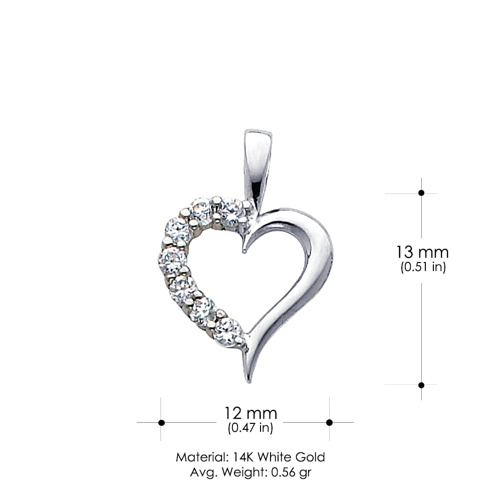 14K White Gold Heart CZ Pendant Height 10 MM Width 12 MM