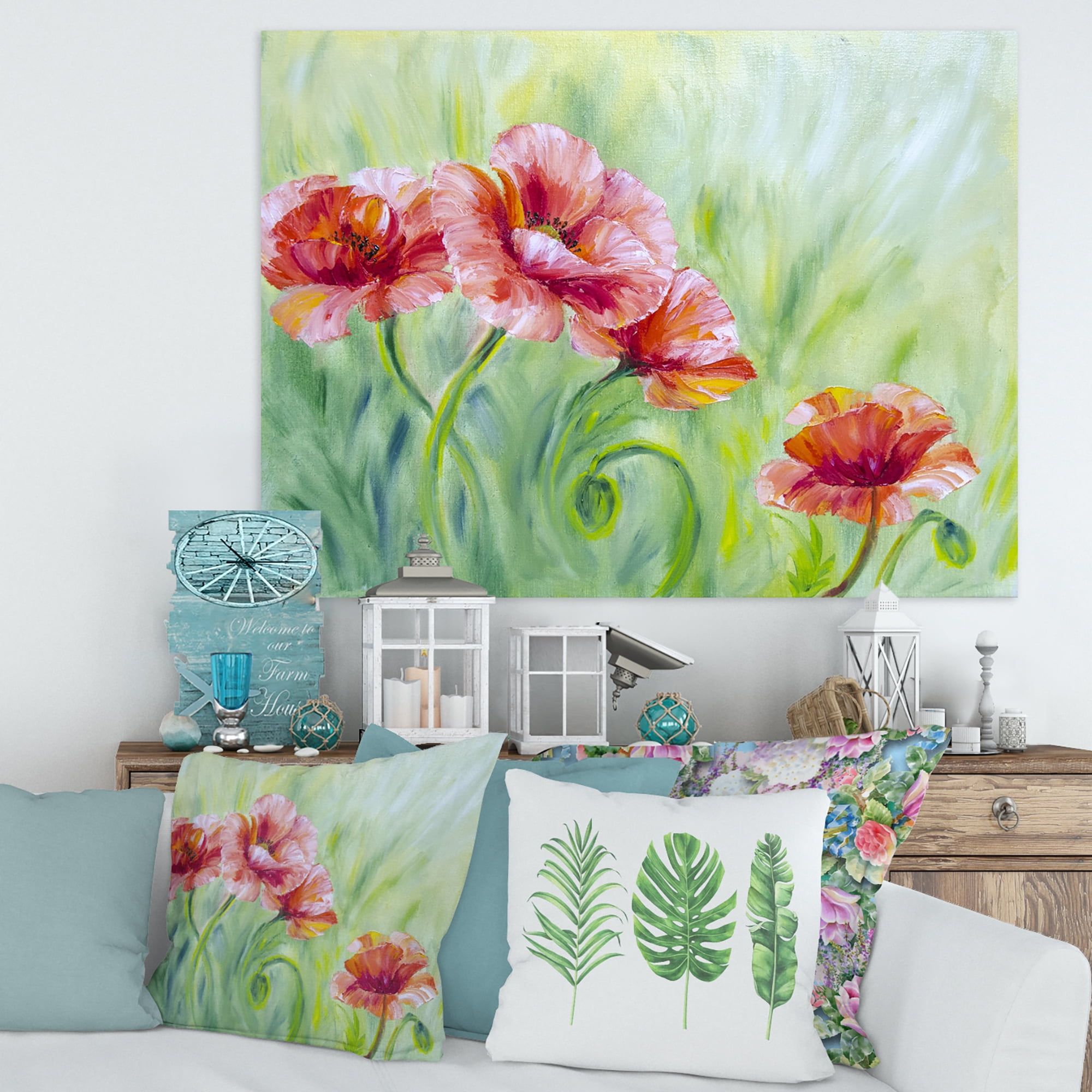 Designart ' Red Blossoming Poppies Over Wild Green II ' Traditional Canvas Wall Art Print