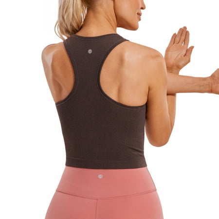 CRZ YOGA Womens Seamless Ribbed Longline High Neck Sports Bra Racerback Padded