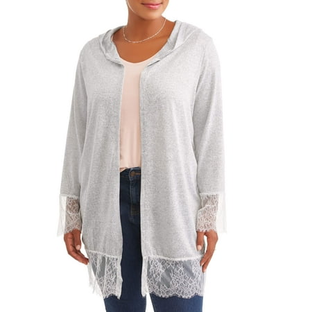Open Alzak Trim - Women's Plus Size Open Front Hoodie with Lace Trim