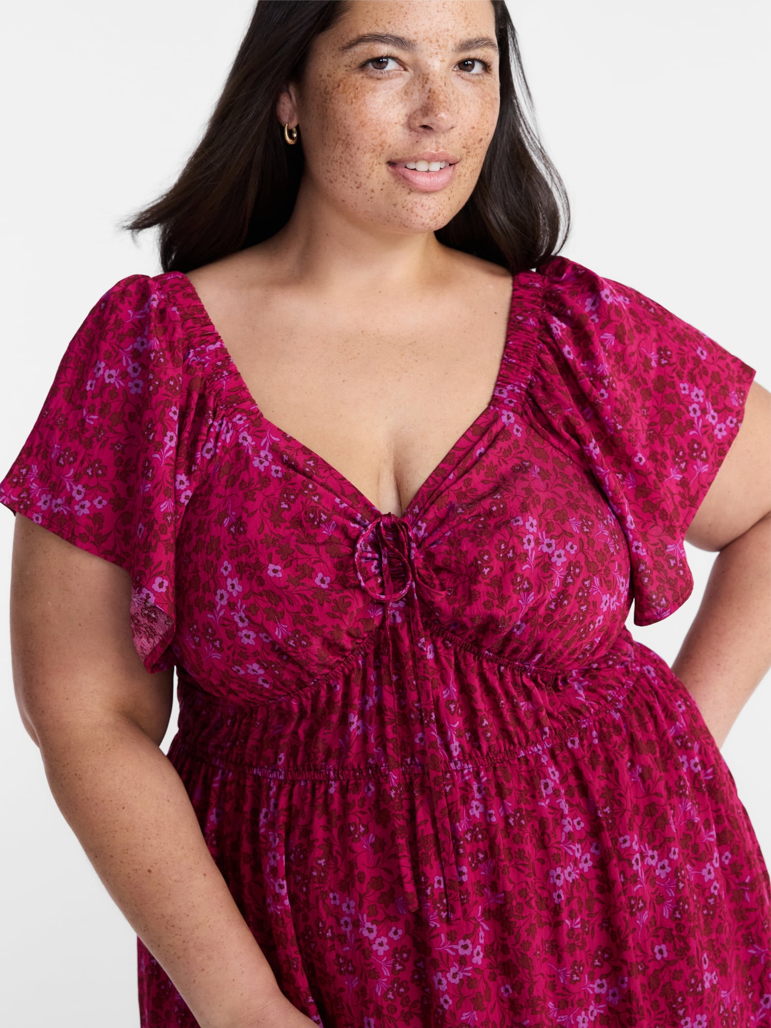 Terra & Sky Women’s Plus Sweetheart Maxi Dress with Short Flutter Sleeves, Sizes 0X-5X