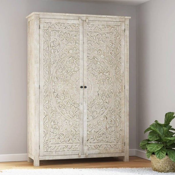 Salman Hand Carved Solid Wood Large White Wardrobe Armoire Com Salman Hand Carved Solid Wood Large, Armoire Solid Wood