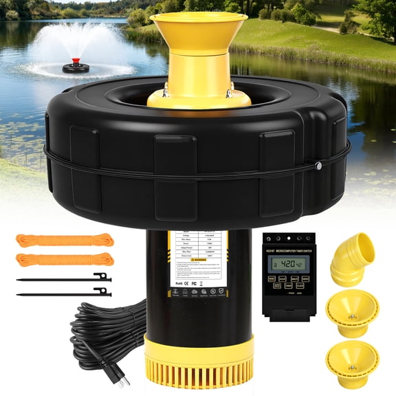 Burnvale Pond Fountain Aerator Submersible Pump for Large Pond, 1HP 15000 GPH, 110V with Timer, 1 Pack, 16.9 x 6.3 x 6.3 in