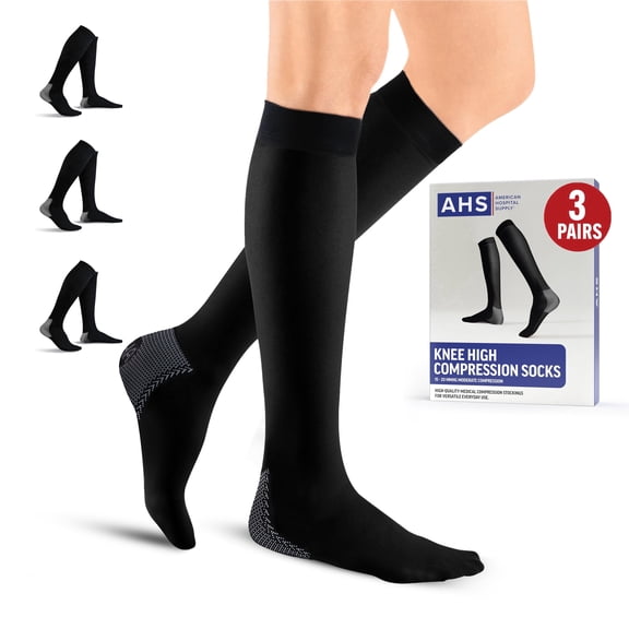 American Hospital Supply Knee High Compression Socks, 15-20 mmHg, Black, Small, Latex-Free Medical Stockings, Pack of 3