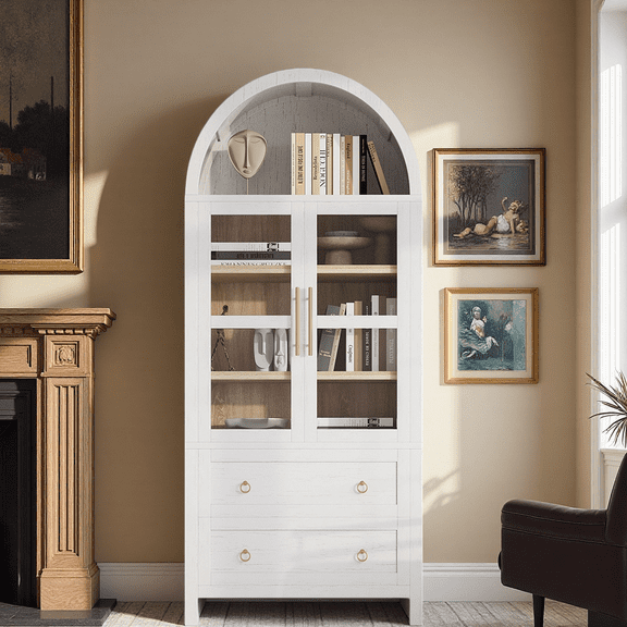 MINESTIA 71" Tall Arched bookcase, Arched Kitchen Pantry Cabinet with 2 Large Drawers, Adjustable Shelves, Glass Door