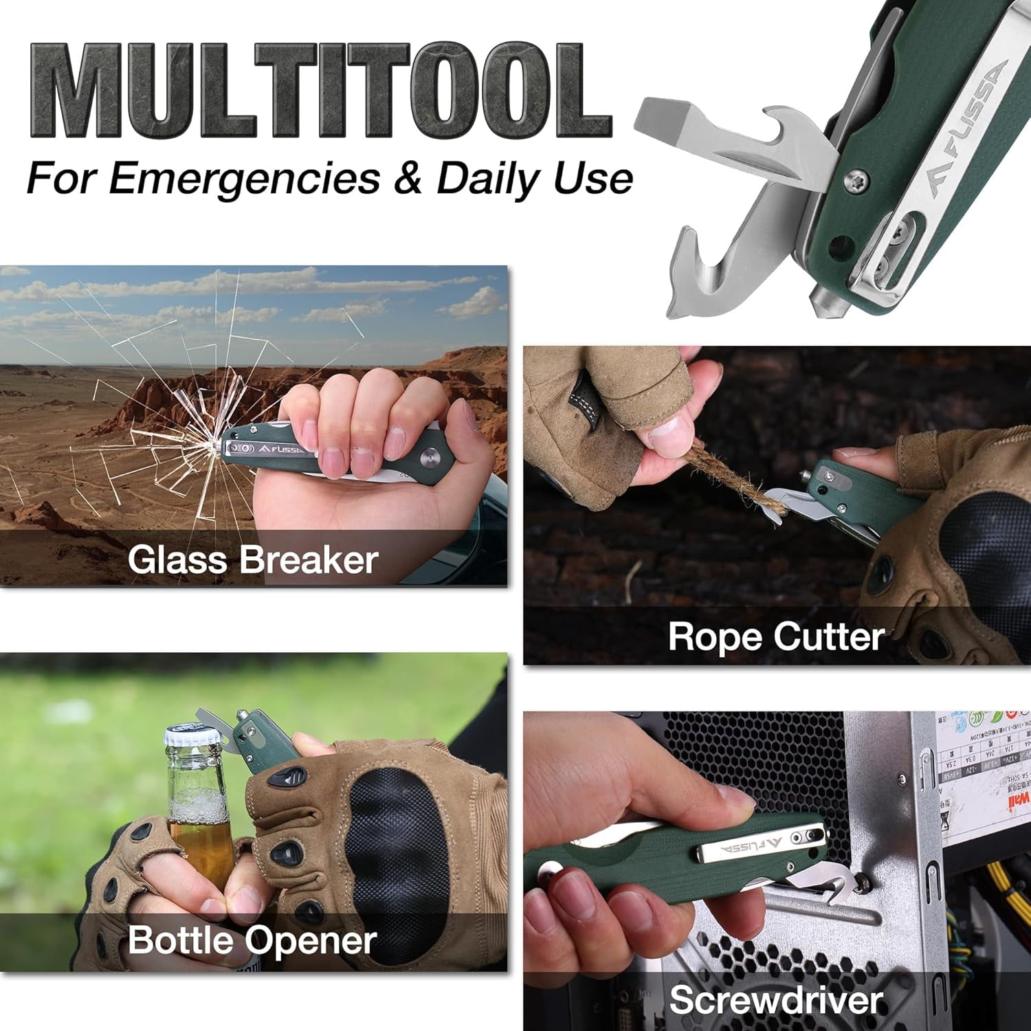 FLISSA Multitool Pocket Knife, 3.3" D2 Blade with G10 Handle, Liner Lock Folding Knife with Glass Breaker, Screwdrivers, Bottle Opener & Rope Cutter for EDC, Survival, Camping, Hiking