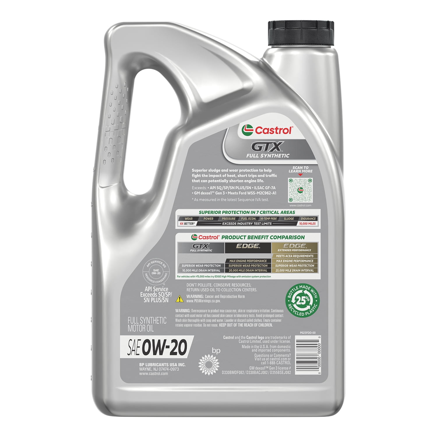 Castrol GTX Full Synthetic 0W-20 Motor Oil, 5 Quarts