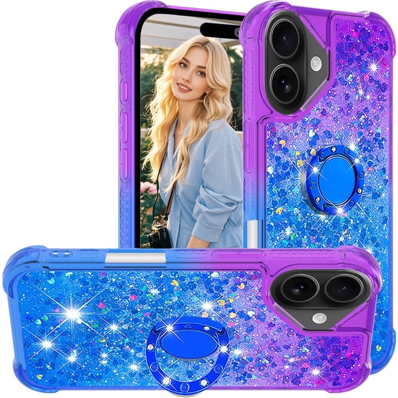 Gradient Liquid Glitter Case for Apple iPhone 17 6.3" with Ring Kickstand, Women Girls Cute Bling Heart Floating Sparkle Soft TPU Shockproof Cover for iPhone 17 JB-Purple Blue