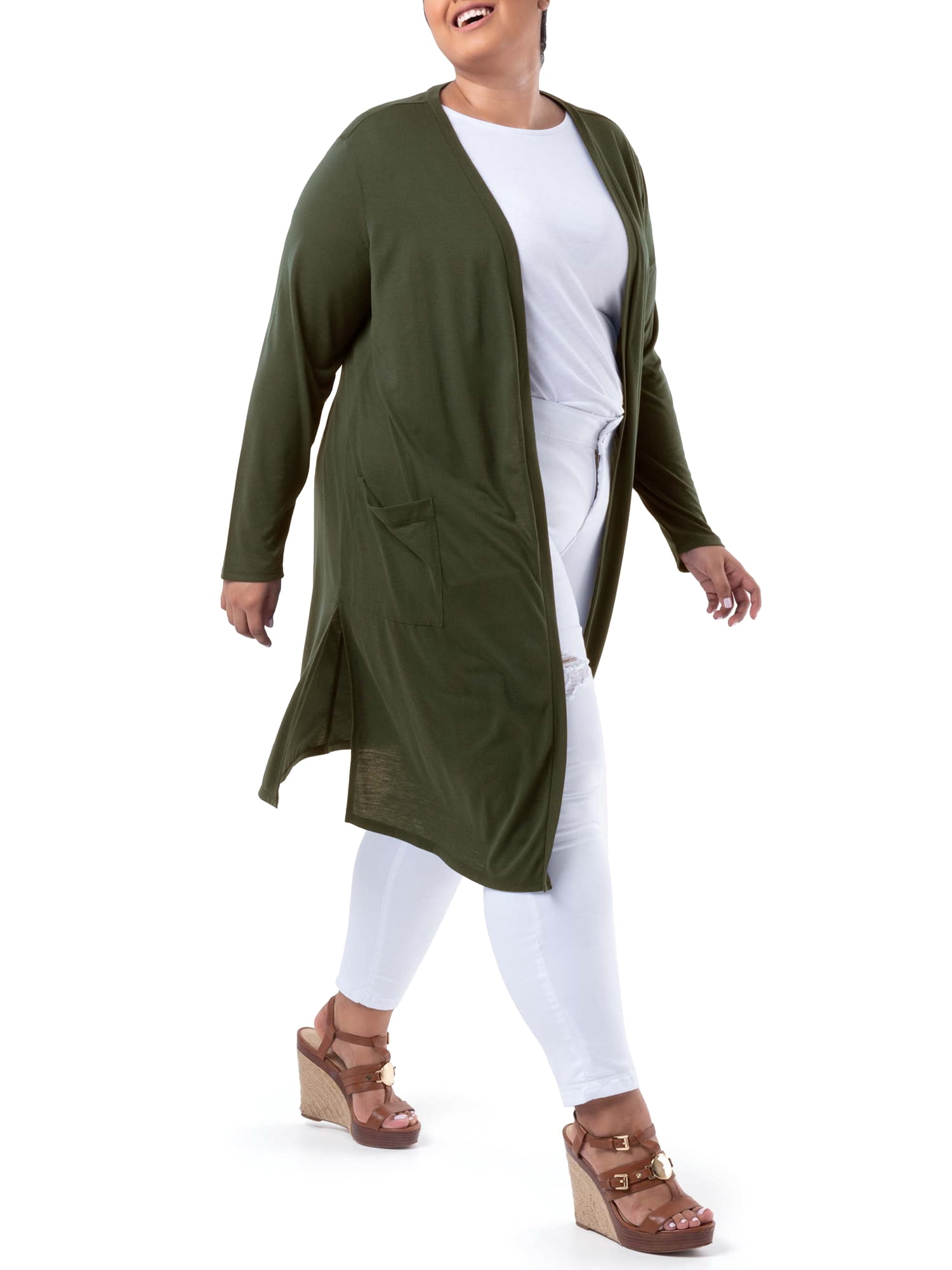 Wright's Women's Plus Size Long Sleeve Open Front Pocket Jersey Duster Cardigan, 1X-5X
