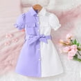 thumbnail image 2 of CHEEREAM Litttle Girl's Button Front Dress Puff Short Sleeve Color Block Collar Aline Dress with Belt 4-9 Years Purple 7 Years, 2 of 8