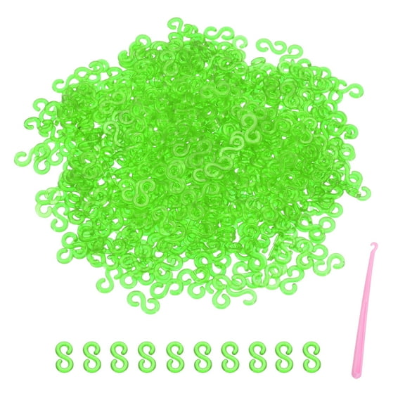 Uxcell S Clips for Loom Bracelets, Rubber Band Bracelet Clip Clear Plastic Connectors Refills Kit with Pink Crochet Hook for Loom Bracelets Making DIY(Green, Pack of 1000)