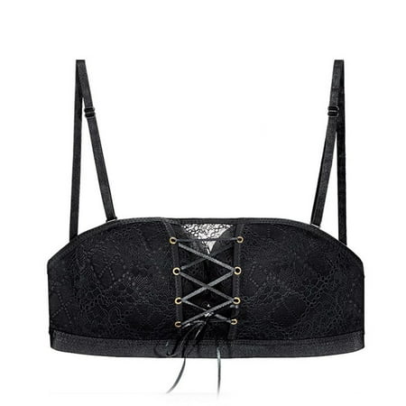 

Strapless Lace Drawstring Bandeau for Daliy Push up Sponge Bra with Detachable Strap for Wedding Party Fall-off-proof Black 38/85A