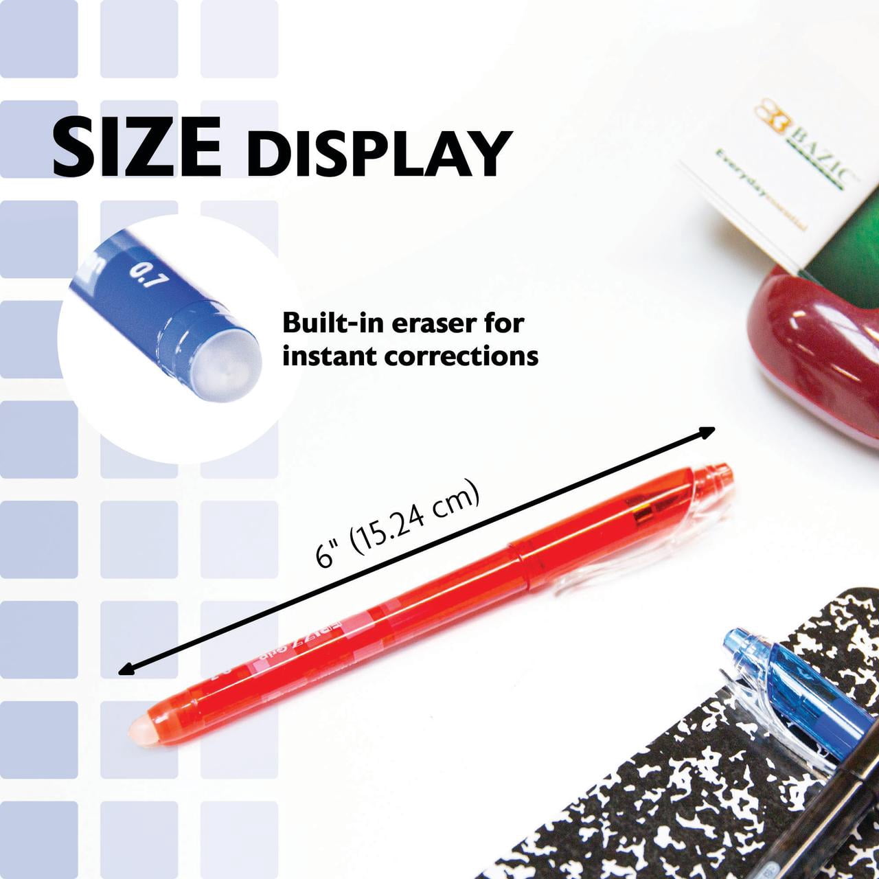 BAZIC Frizz Erasable Gel Pens, 0.7mm Medium Point, Assorted Colors Ink, Comfort Grip, 12-Pack