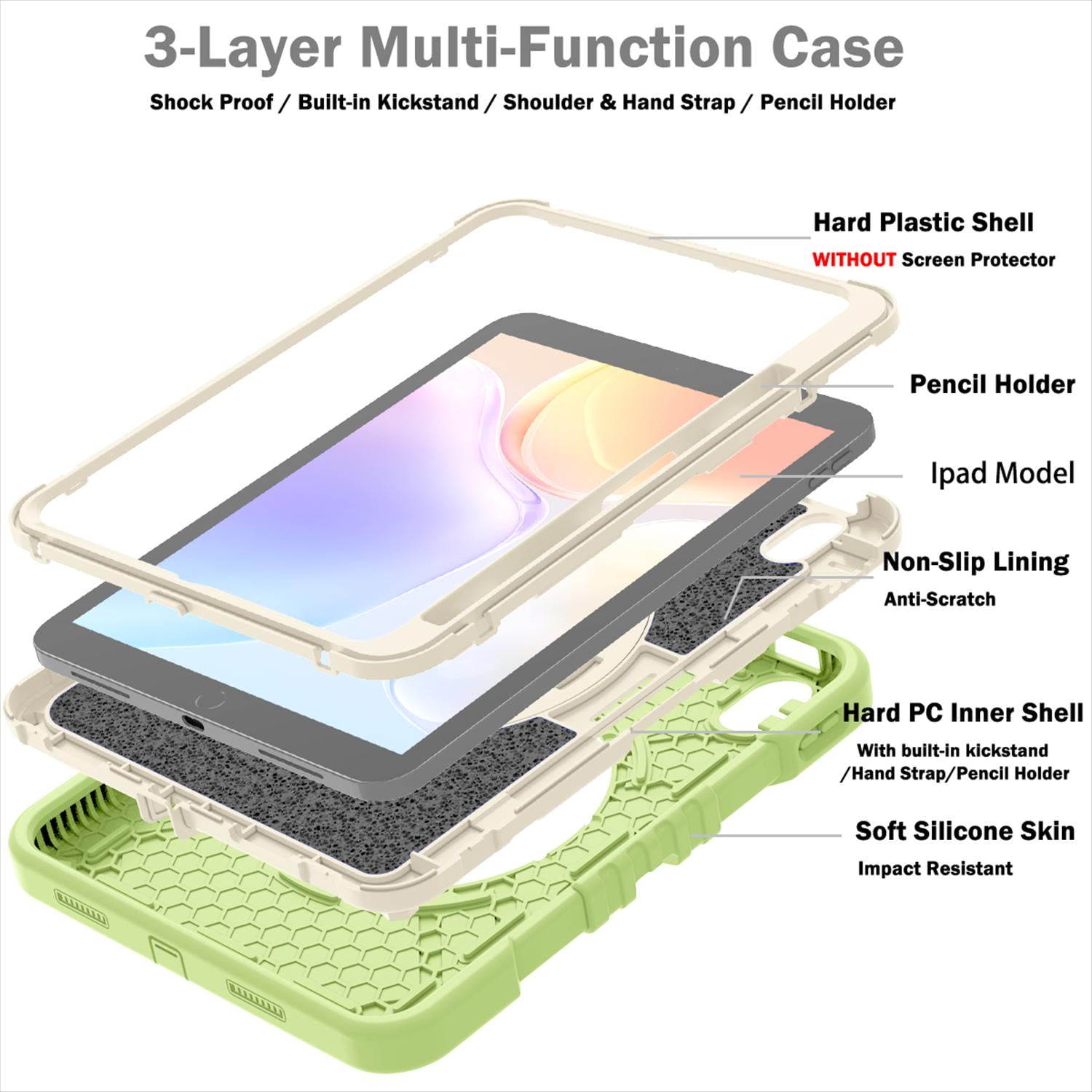 Case for iPad 11th Generation 2025 11-inch/10th Generation 2022 10.9-inch, Heavy Duty Military Grade Shockproof Rugged Protective Cover with Built-in Stand/Pencil Holder Shoulder Strap, Green White