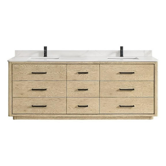 Porto 84" Aged Natural Oak Double Bath Vanity with Fish Maw White Quartz Stone