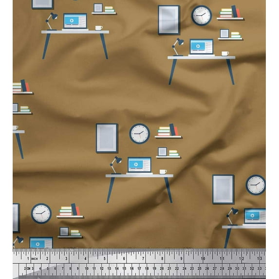 Soimoi Brown Silk Fabric Monitor,Books & Study Table Education Theme Print Fabric by Yard 42 Inch Wide