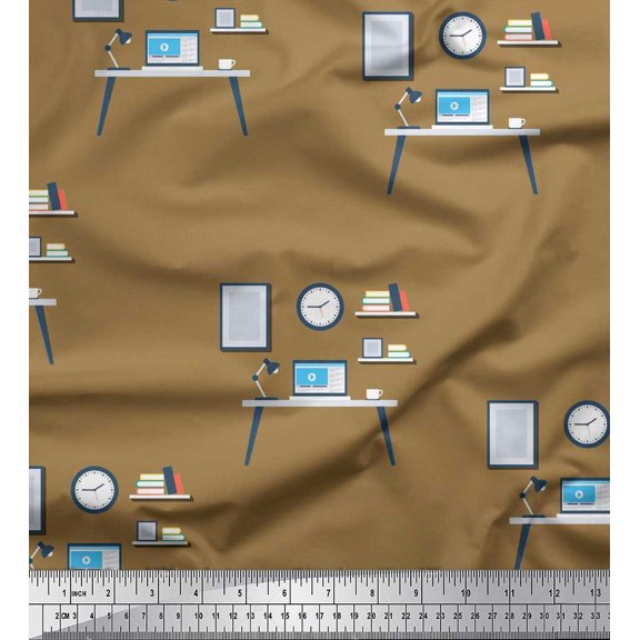 Soimoi Brown polyester Crepe Fabric Monitor,Books & Study Table Education Theme Fabric Prints By Yard 42 Inch Wide