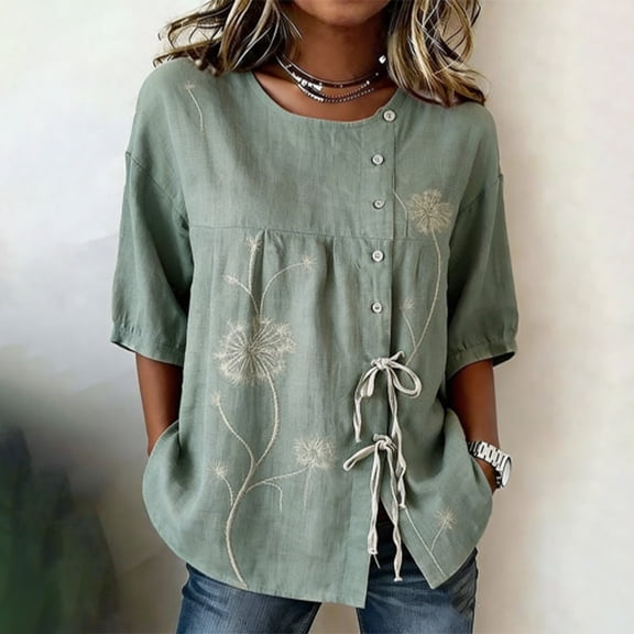 Zysthvn Summer Tops for Women Plus Size Tunic Floral 3/4 Sleeve Women Tshirts Drawstring Crew Neck