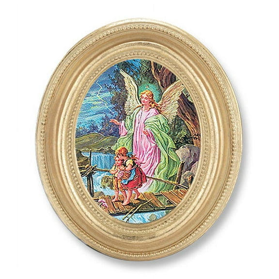Guardian Angel Picture Framed Print Small, Oval Gold-Leaf Frame