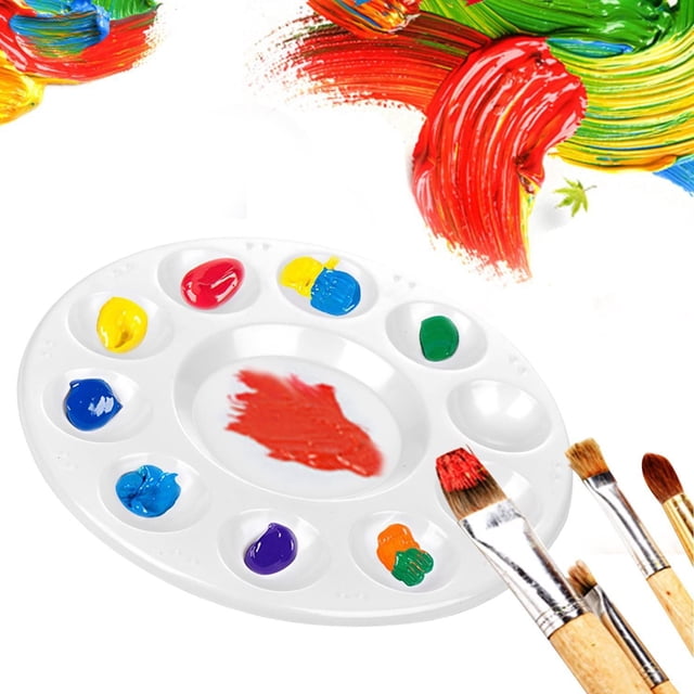 15 paletas de pintura sincero bandeja de plástico para niños y adultos. Paleta redonda blanca, diámetro 6.7 pulgadas, con 12 pocillos periféricos y un pocillo central más grande; muestra pinturas roja, azul, amarilla y verde; plástico reutilizable, fácil de limpiar y adecuada para mezclar pinturas y miniaturas.