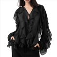 thumbnail image 2 of Blusa Informal Elegante para Mujer, de Larga, con Cuello en V y Volantes, Ideal para Oficina y Trabajo. Negro M, 2 of 8