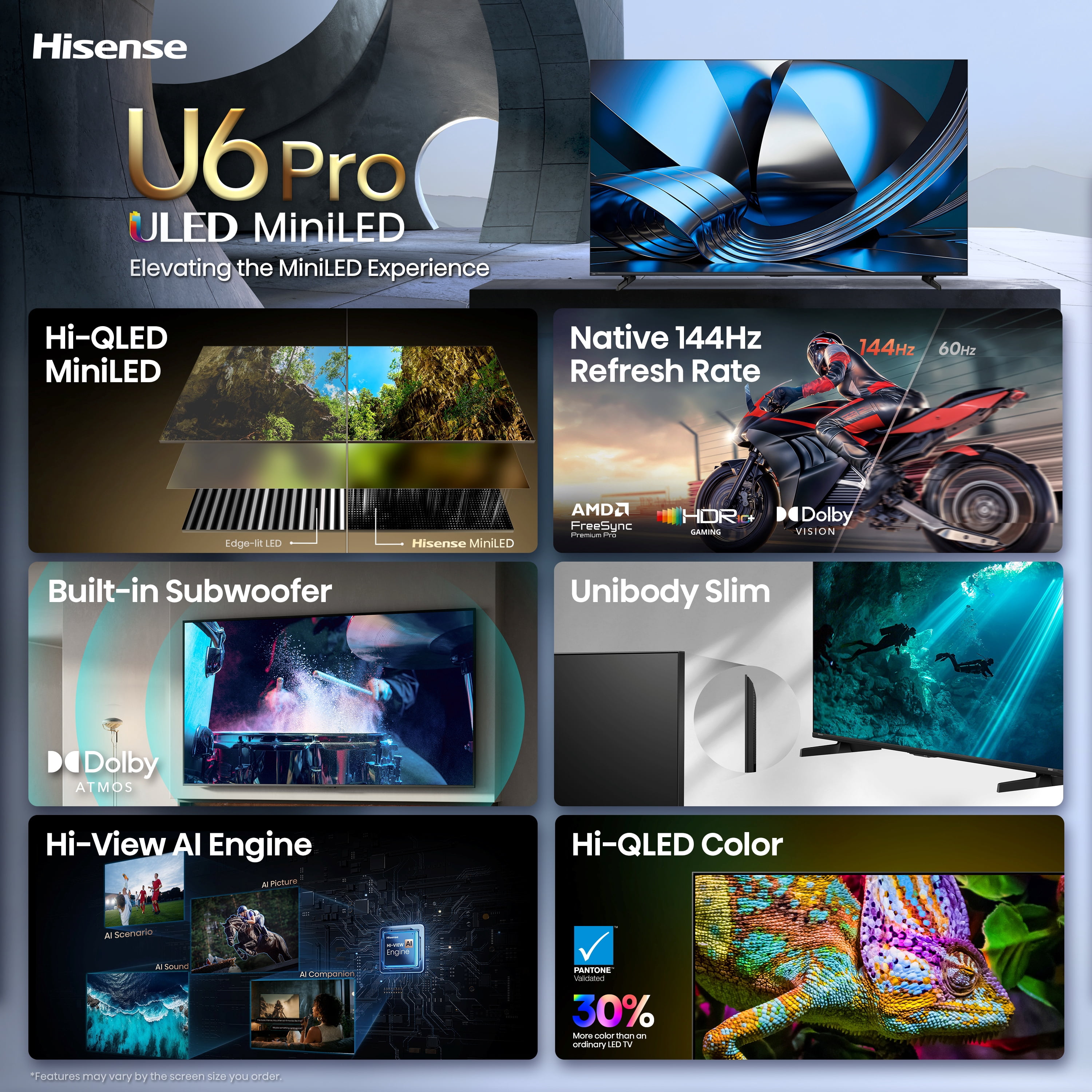 Hisense 65" U6 Pro Series Mini-LED 4K UHD HDR Gaming AI Smart VIDAA TV (65U6SV Pro, 2026 New) - Hi - QLED, Native 144Hz, Motion Rate 480, Dolby Vision & Atmos, HDR10+, Built-in Subwoofer