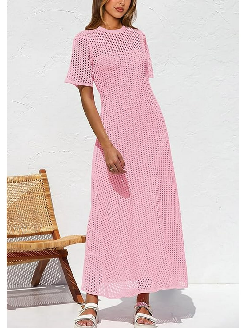 PRETTYGARDEN Womens Eyelet Cover Up Dress Summer Vacation Resort Maxi  Dresses Beach Short Sleeve Hollow Out Sundress - Walmart.com