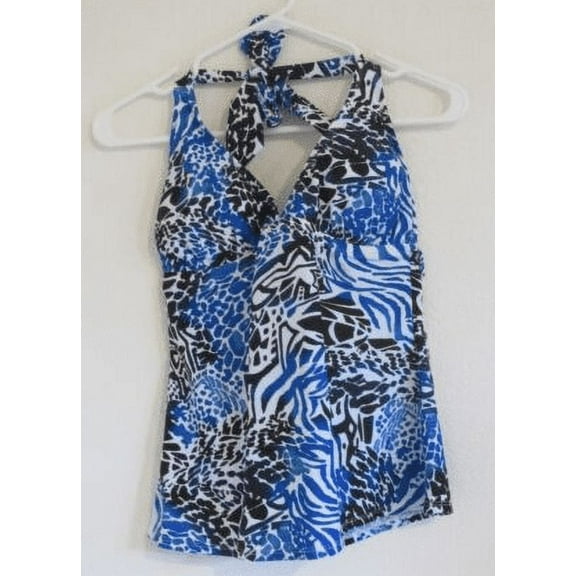 Island Escape MULTI Royal Blue Black White Animal Halter Tankini Swim Top, US 6