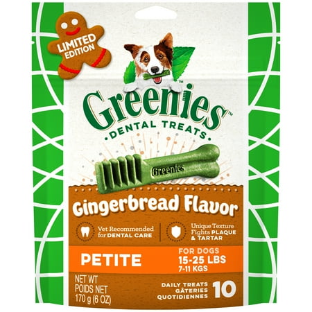 ($5 Gift Card Included) Greenies Gingerbread Flavor Petite Dental Dog Treats, 6 Oz. Pack (10 Count), Great Holiday Dog Stocking Stuffers