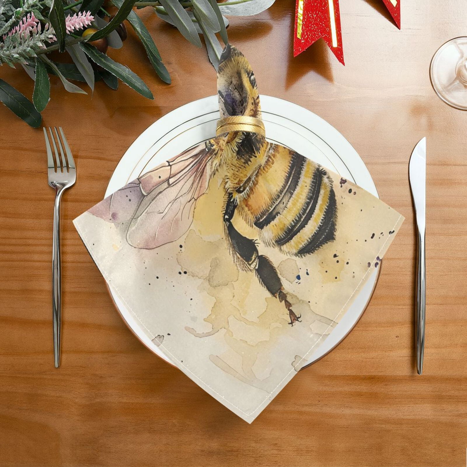 JSTEL Bee Watercolour Cloth Napkins Set of 6, 20x20 Inch Washable and Reusable Napkin for Decoupage Dinner Party Everyday Use