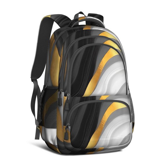 Black and Gold Marble Pattern Backpack for School, Cute School Bag with Adjustable Shoulder Straps and Padded Back, 16.9"x12.6"x5.9"