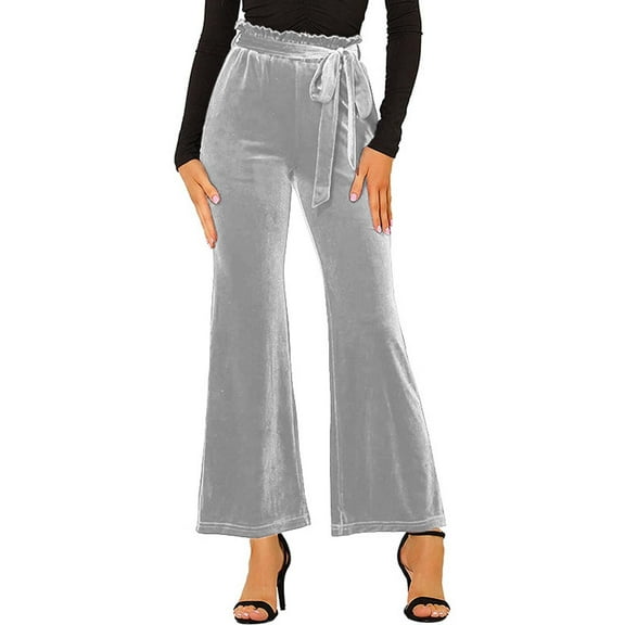 YYDGH Velvet Pants for Women Elastic Tie Waist Bell Bottom Pants Stretch Wide Leg Flare Long Pants Casual Trousers Gray Gray