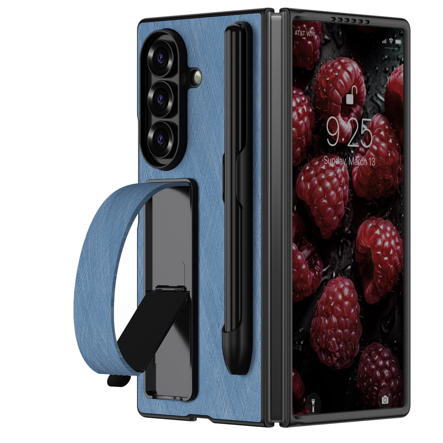 Dteck Case with Pen Holder for Samsung Galaxy Z Fold 7,Slim Leather Case with Wrist Strap Stand PC Cover with Pen Stylus for Galaxy Z Fold 7,Blue