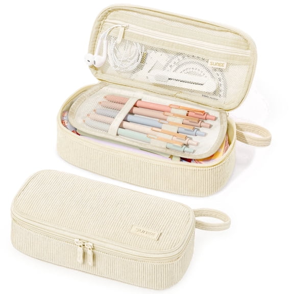 SUNEE Cute Pencil Case, Large Capacity Pencil Pouch Aesthetic Zipper Pencil Bag, Big Storage Pen Organizer for Stationery, Soft Corduroy Pencil Box Back to School Supplies for Teen Girls Boys, Beige