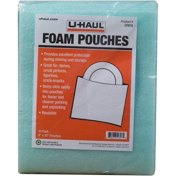 U-Haul Cushion Foam Pouches - Protect Fragile Dishes, Picture Frames, Decorations, Bowls, Glassware - 10 Pack, 8" x 10"
