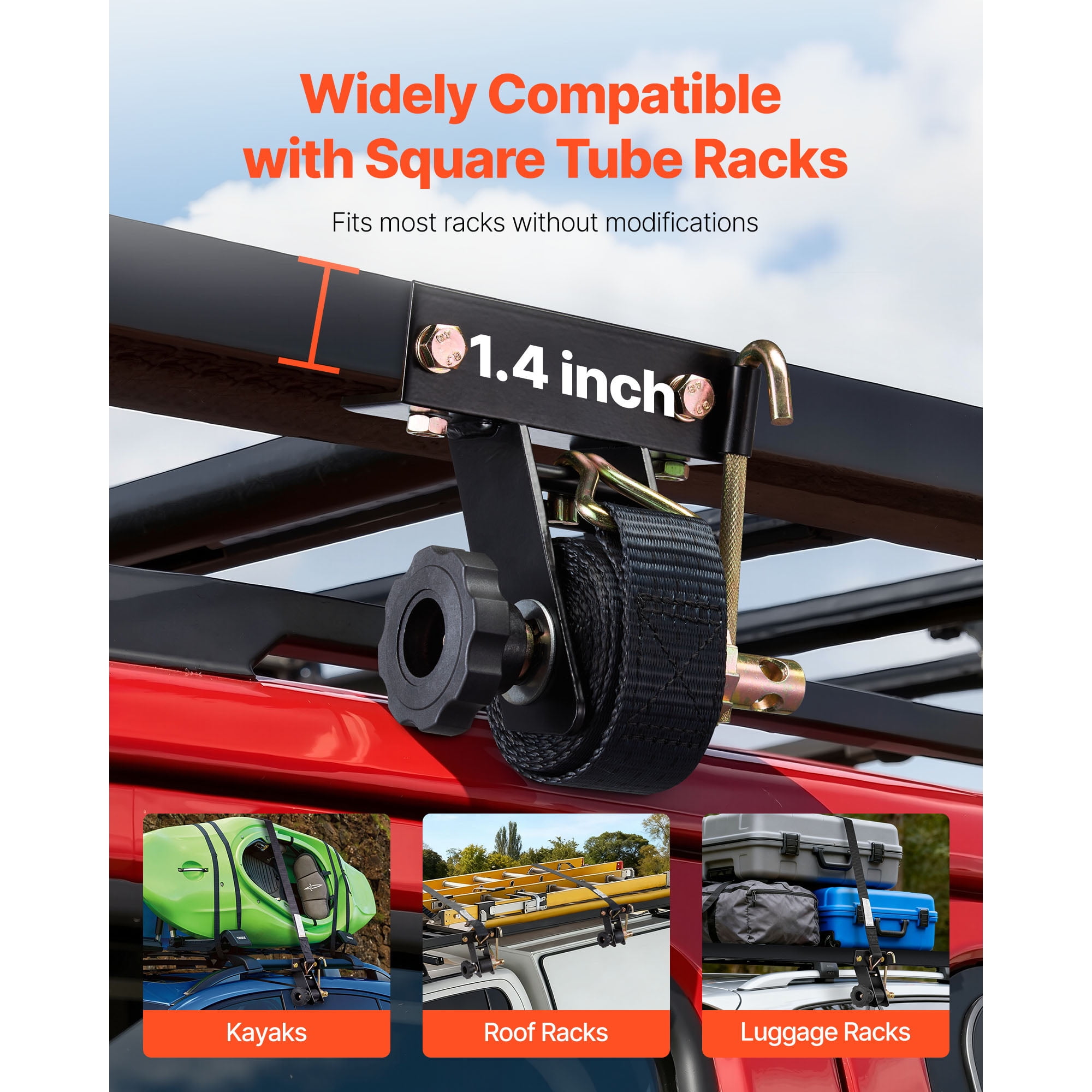 KFFKFF Ladder Rack Ratchet Straps, Black Square Tube Mount, 1.5 in Wide x 7.4 ft Long Straps with Double J-Hooks, 500 lbs Load Capacity, Heavy Duty Cargo Lock Straps (8 Pack)