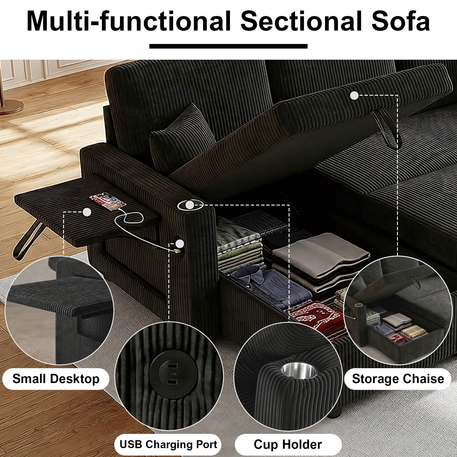 LLappuil Sectional Sofa, 84" Sectional Couch with Storage Chaise, Small Desktop, Cup Holders, Charging Port Convertible Sofa Bed, Corduroy Pull Out Sofa Bed for Living Room Black