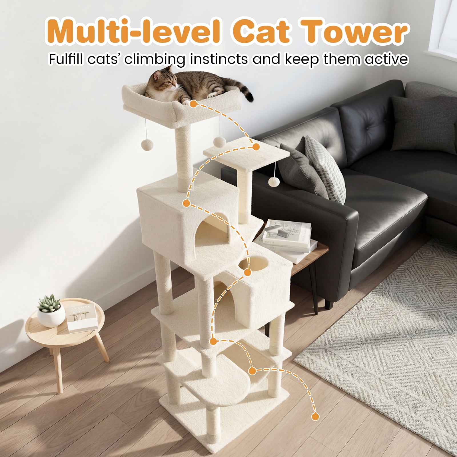 Costway 70” Cat Tree for Indoor Cats with Padded Top Perch, Dual Condos, Hammock, Platforms Beige
