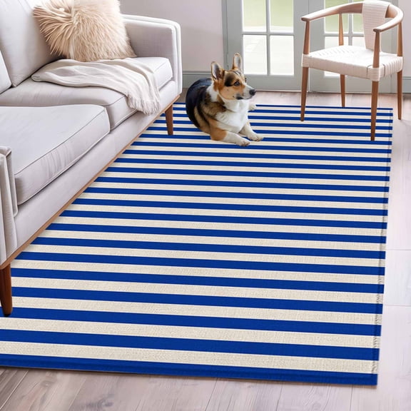 Dark Blue Striped Area Rug 4x6 Washable Rug Non Slip Modern Beige Geometric Country Large Area Rug Indoor Floor Carpet for Entryway Bedroom Kitchen Living Room Home Office Dining Room Nursery