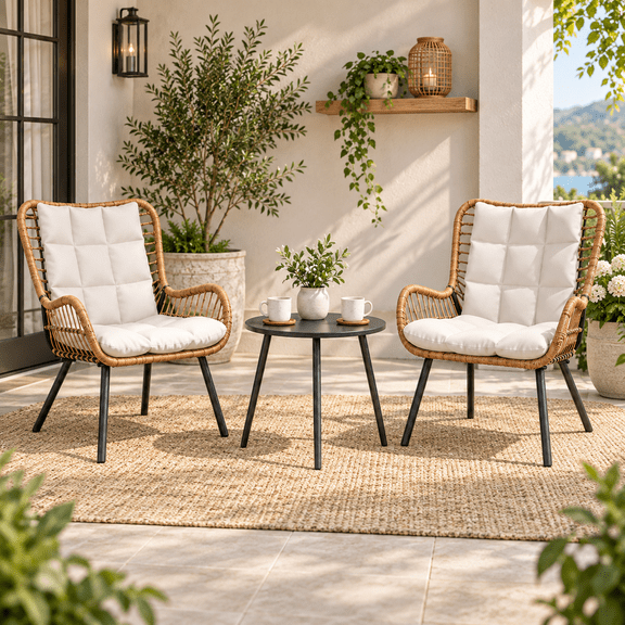 Orithm 3 Piece Outdoor Bistro Set, Small Patio Furniture Set with Coffee Table and Thick Cushions, Front Porch Furniture for Lawn, Garden, Balcony, Poolside, White
