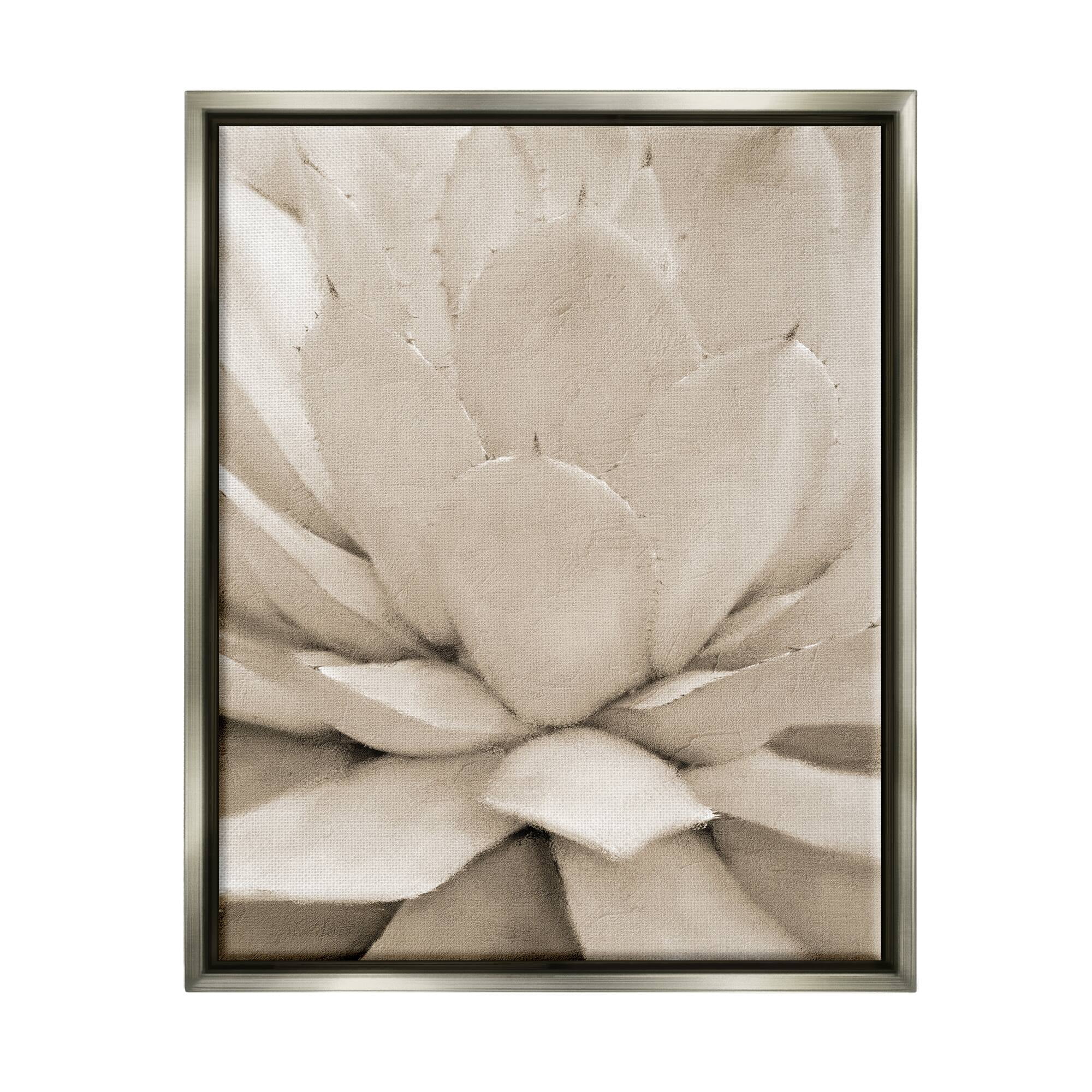 Stupell Industries Prickly Agave Plant Monochromatic Beige Desert Succulent Luster Gray Framed Floating Canvas Wall Art, 16x20, by Kim Allen