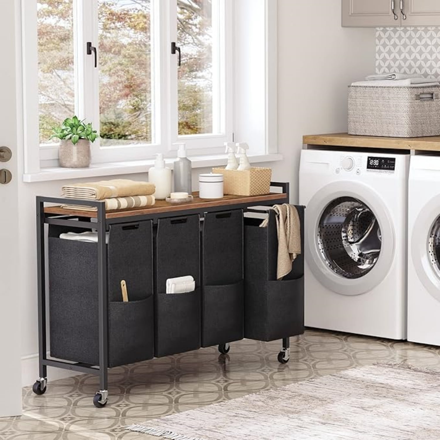 Laundry Sorter 4 Sections, Laundry Hamper with Wheels, 4 × 10.5 Gal (40 L), Rolling Laundry Basket, Pull-Out and Removable Oxford Fabric Bags, Rustic Brown and Black BF04XY01
