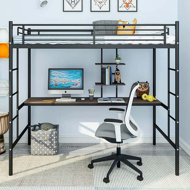 IKIFLY Metal Twin Size Loft Bed Frame with Desk & 2 Storage Shelves
