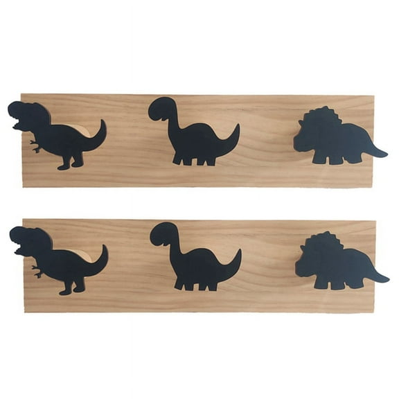 2X Kids Dinosaur Wall Mounted Coat Hooks Wooden Door Hanger for Bedroom Nursery Playroom Decorations -Black