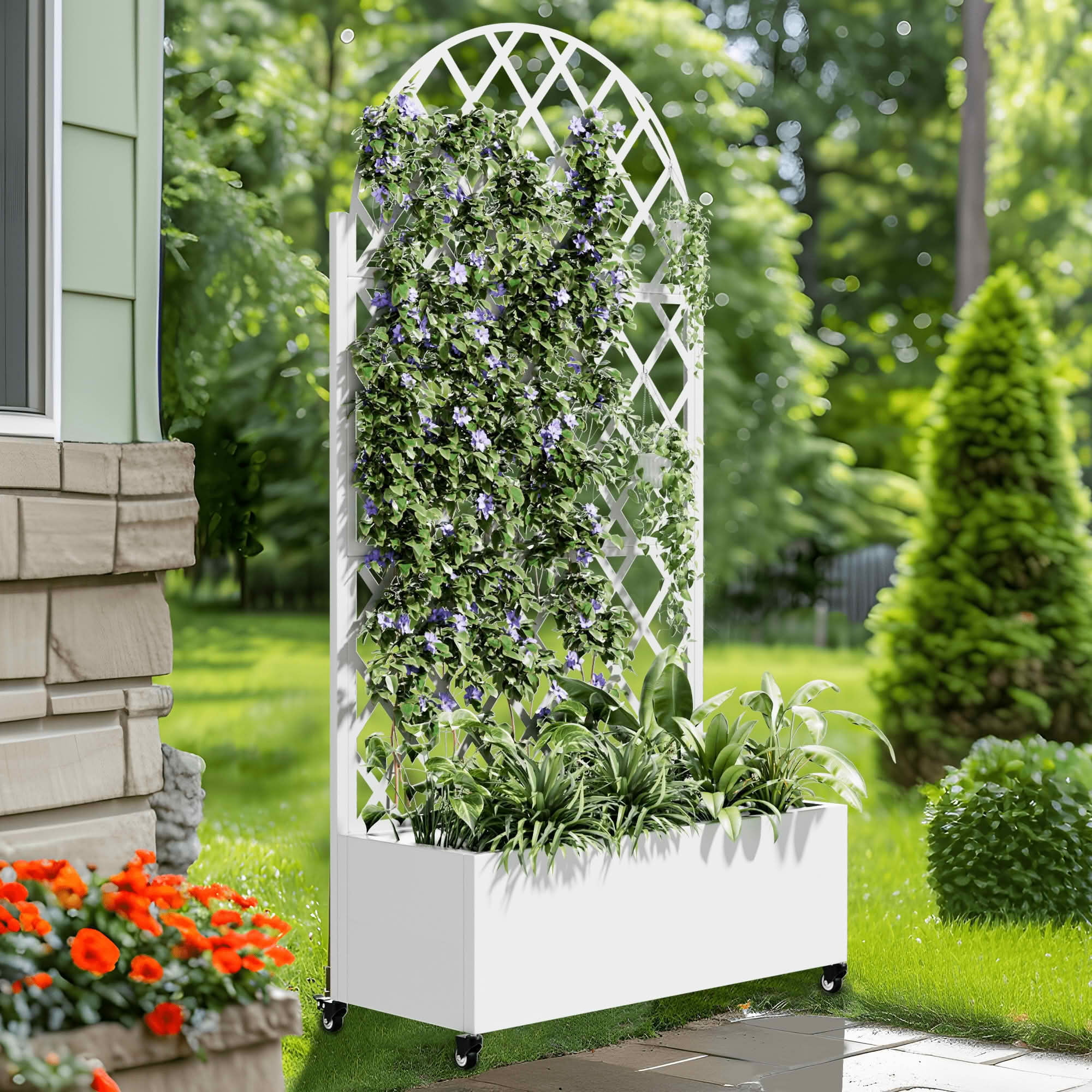 MAYEERTY 72x35x16 Inch White Metal Arched Planter Box with Trellis, 3 Piece Set for Outdoor Garden & Patio
